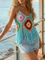 Detail of bohemian crochet halter top with colorful mandala patterns and long fringe tassels - One Size / Tops / Sky Blue
