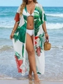 Long Bohemian beach cover-up with tropical plant print and lightweight mesh fabric - One Size / Tops / Rainbow