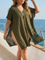 Army green crochet knit beach cover-up with heart pattern and side slits for summer - One Size / Army Green