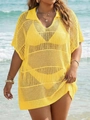 Gros plan détaillé du cache-maillot au crochet jaune montrant la texture en maille ajourée - Taille unique / Jaune