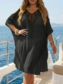 Detail of V-neck crochet hollow design on a plus-size black beach cover-up dress - One Size / Tops / Black