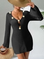 Close-up of deep V-neckline with white daisy crochet and hollow design on black knit dress - S / Black