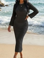 Deep grey hollow knit long sleeve maxi beach dress with elegant open back tie - S / Black