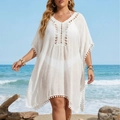 Vestido playero blanco con cuello en V, encaje de ganchillo y adornos de borlas - Talla única / Blanco