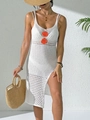 Detail of white crochet beach dress featuring orange floral accents and side split hem - S / Orange Flower Decor (White) / White