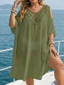 Detail of olive green beach cover-up with crochet lace V-neck and cold shoulder design - Army Green