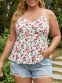 Plus size white tank top with red cherry print, V-neck design and ruffled hemline - 0XL/L / White
