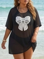 Détail de la tunique de plage en maille noire avec nœud en dentelle blanche - 1XL / Style Nœud en Dentelle Noire