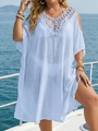 Detailed view of light blue crochet V-neck beach cover up on a luxury yacht - Sky Blue