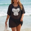 Detail of plus size black mesh beach cover-up featuring a white lace bow patchwork design - 1XL / Tops / Black (1420 Lace Bow)