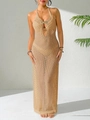 Detailed close-up of beige crochet knit texture with gold butterfly buckle decoration - Khaki