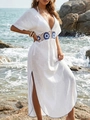 Abito lungo da spiaggia bianco con scollo a V, vita all'uncinetto e spacchi laterali - Taglia unica / Bianco