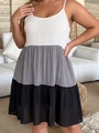 Detail of color-block tiered maxi dress with thin straps and ruffled cotton-linen fabric - 0XL / Dark Grey