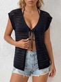 Damen Häkelstrickweste in Schwarz mit hohlem Design und Bindeband für den Strand - S / Schwarz
