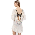 White bohemian knit beach cover-up with open back and colorful pom-pom trim details - One Size / White