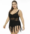 Detailed view of black crochet beach cover-up featuring long tassel fringe and hollow knit - One Size / Tops / Black