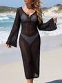 Détail de la robe de plage crochetée noire avec col en V profond et manches évasées - S / Noir