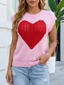 Close-up of pink knit top featuring a large red heart and high-quality woven texture - S / Pink