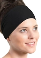 Close-up of black elastic sports headband showing breathable fabric texture and fit - Black