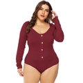 Dettaglio bodysuit a coste bordeaux con scollo a V e bottoni dorati raffinati - L / Rosso Vino