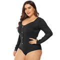Dettaglio body a costine nero con bottoni frontali e design a maniche lunghe attillate - L / Nero