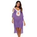 Purple boho beach cover up with colorful crochet neckline and cold shoulder design - One Size / Deep purple