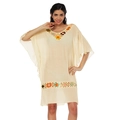 Copricostume boho beige con fiori colorati all'uncinetto sull'orlo e scollo a V - Taglia unica / Albicocca