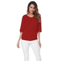 Detail of red V-neck batwing sleeve top with waist pleats and soft knit texture - Red