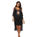 Black Bohemian beach cover-up dress with V-neck crochet detail and high-low hemline - One Size / Black
