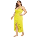 Detail of bright yellow wrap dress featuring intricate laser-cut floral patterns and hem - Yellow
