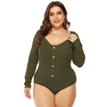 Body taglie forti verde oliva in maglia a coste con scollo a V profondo e bottoni - L / Verde Militare