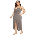 Detail of laser-cut floral pattern on a dark grey plus size beach dress with V-neckline - Khaki