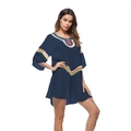 Boho Strandkleid in Marineblau mit bunten Häkeldetails und lockeren halben Ärmeln - Einheitsgröße / Marineblau