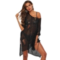 Detail of black crochet hollow-out beach cover-up with mesh texture and irregular hem - Black