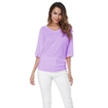 Detail van lichtpaarse top met V-hals, geplooide taille en soepele vleermuismouwen - Paars