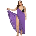Detail of purple beach cover-up featuring laser-cut floral patterns and wrap-around slit - Purple