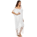 Detail of white bohemian beach cover-up featuring yellow crochet embroidery and fringe - One Size / White