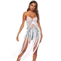 Detailed view of white crochet halter top with long fringes and geometric openwork pattern - One Size / Tops / White
