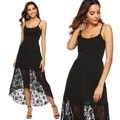 Detail of lace hem and high-low silhouette on a black bodycon camisole dress - S / Black