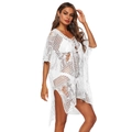 Detail of white hollow crochet beach cover-up with V-neck and lace-up design - White