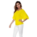 Detail of side waist pleats on bright yellow V-neck batwing sleeve loose T-shirt - Yellow