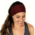 Elastic wide headband in dark red fabric, shown on a model for yoga and fitness - Burgundy
