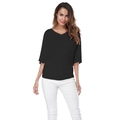 Detail view of women's black V-neck t-shirt with loose batwing sleeves and soft fabric - 5XL / Tops / Black