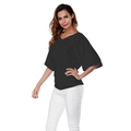 Detail of black V-neck top showing the soft knit texture and side pleats design - Black