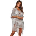 Detail of silver grey crochet hollow knit beach cover-up with lace-up V-neckline - Gray