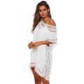Close-up of white crochet hollow-out knit pattern and texture on a beach cover-up - One Size / White