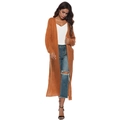 Detail of soft orange chunky knit cardigan featuring an open front design and side pockets - Earthy Yellow