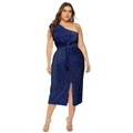 Detail of the navy blue plus-size one-shoulder dress with sparkling fabric and side slit - Blue