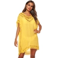 Detail of the intricate crochet patterns on this bright yellow V-neck beach cover-up dress - One Size / Yellow