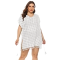 White chiffon beach cover-up with textured dots, V-neck and stylish fringe hem details - One Size / White